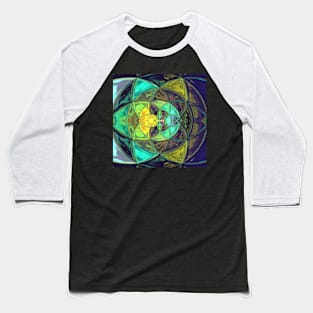 Mosaic Kaleidoscope Flower Teal Yellow and Blue Baseball T-Shirt